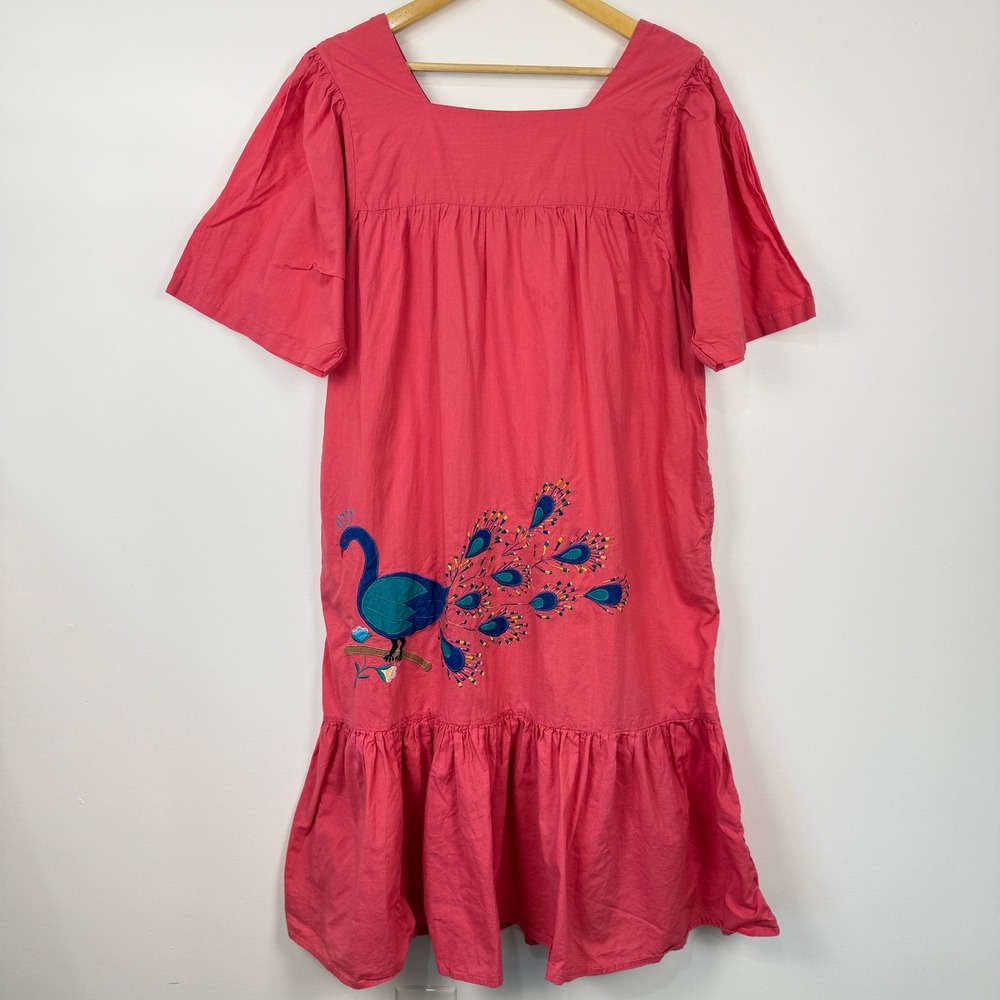 Vintage Phases Peacock Embroidered Dress Womens XL‎ Pink Boho Cotton